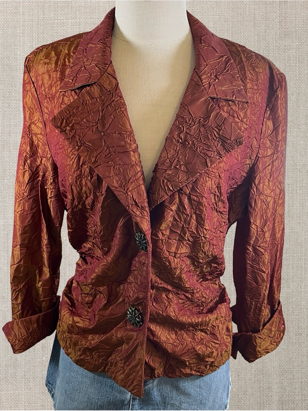 Joseph Ribkoff Wrinkled Satin Womens Blazer Jacket in Rust Copper Size 8